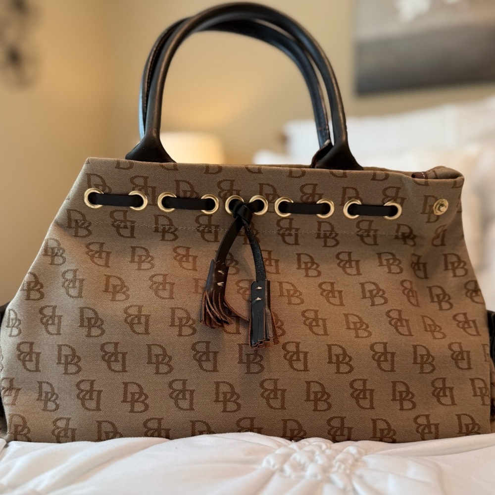 Vintage Dooney & Bourke Signature Tulip Tassel Tote Brown Leather/Canvas